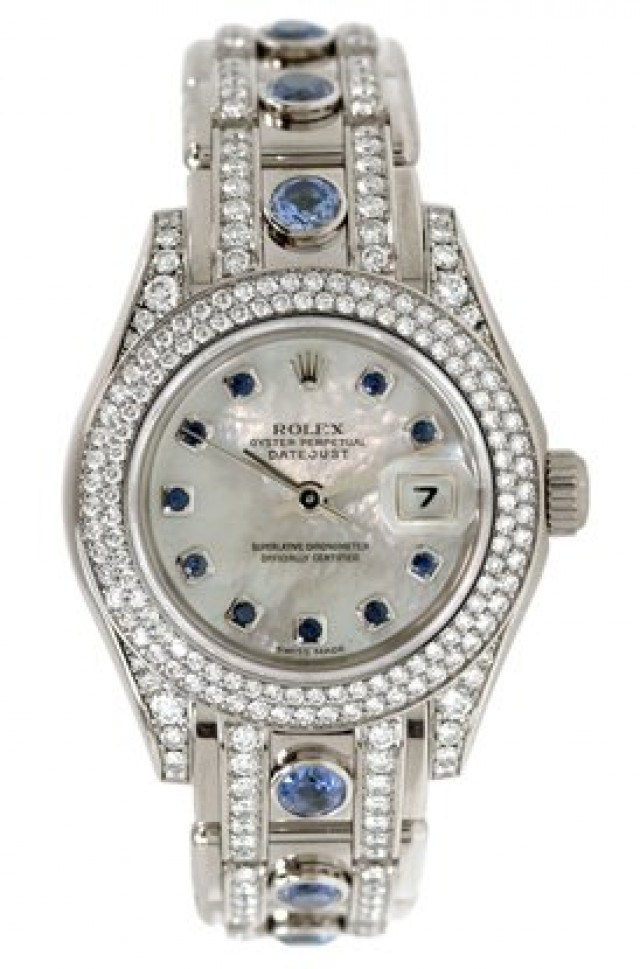 Rolex 80359 White Gold on Pearlmaster, Diamond Bezel White Mother Of Pearl with Sapphires